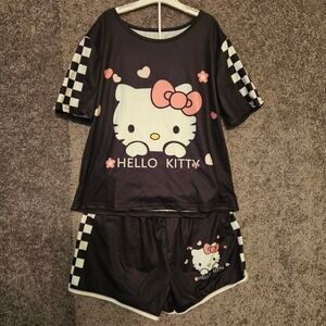 Hello Kitty Kids PJ Set Black Checkered Short Sleeve Shorts Size 140 (10-12)